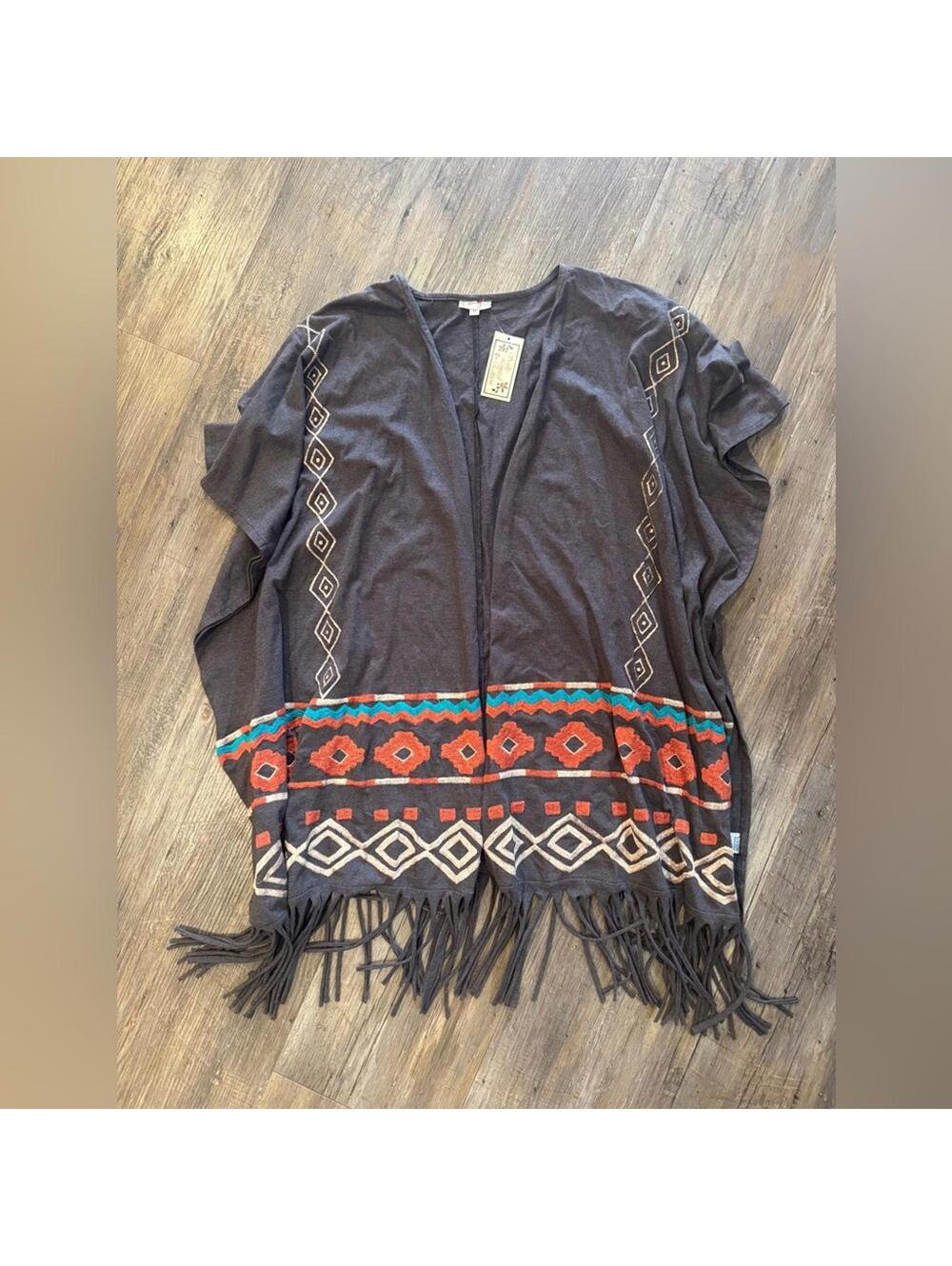 NWT Scully Embroidered Fringe Brown Aztec Boho Western Wrap Cardigan Sz M